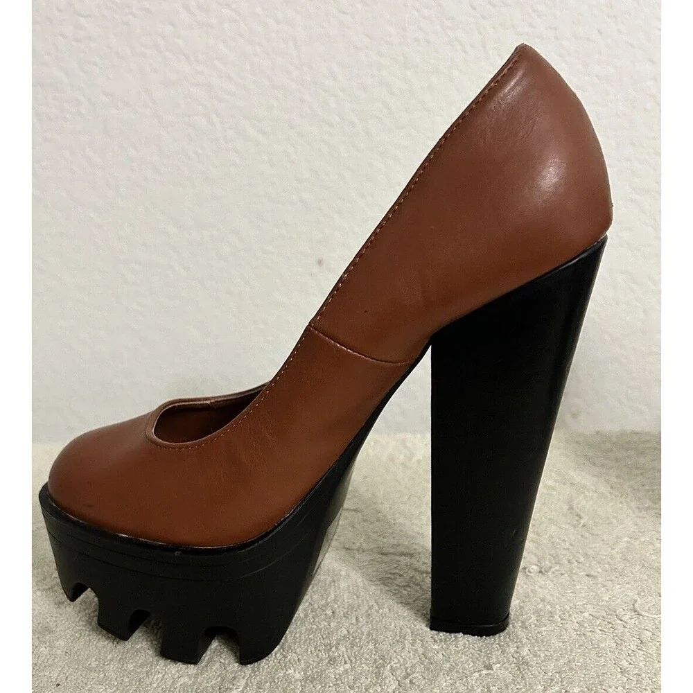 HRH Women's Platform Block High Heels Chunky Shoes Brown and Black Size 6 1/2